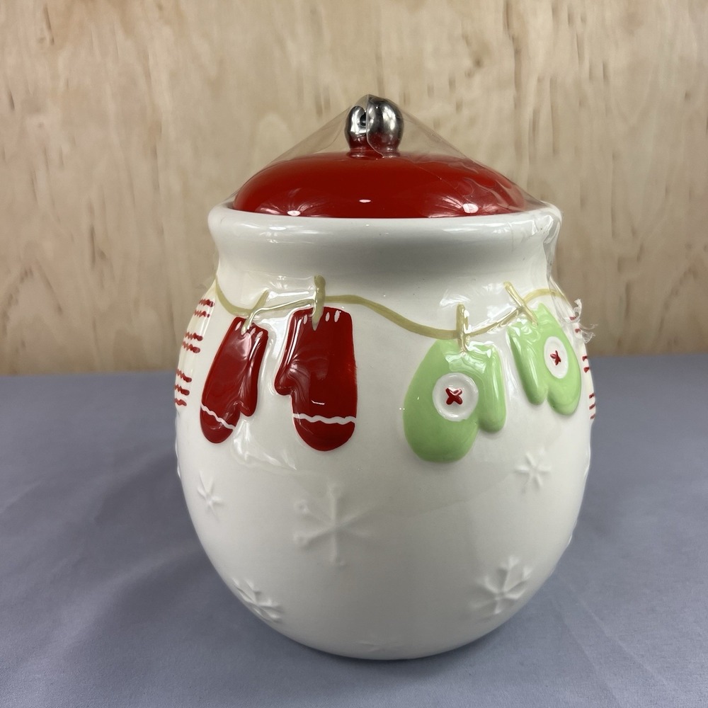 Hallmark White Christmas Ceramic Cookie Jar Red Lid Jingle Bells